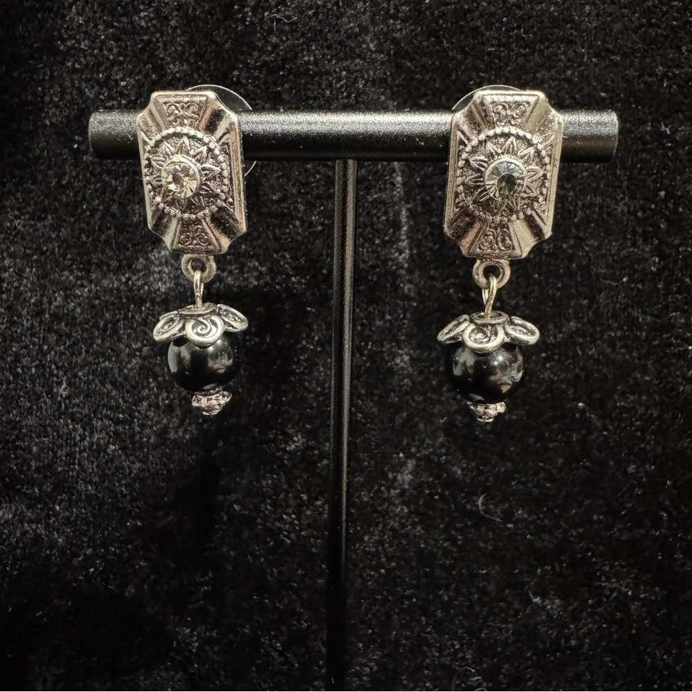Erica Lyons Silver and Black Dangle Earrings with Crystal Bead
